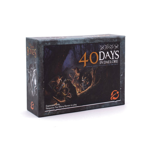 Boxed board game '40 Days in Daelore: Additional Baddies & Encounters for Too Many Bones' with fantasy-themed artwork showing characters in a dark setting.