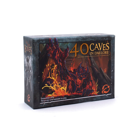 Board game box cover for '40 Caves in Daelore: Additional Baddies and Encounters for Unbreakable' featuring artwork of地下caves with lava and mystical elements.
