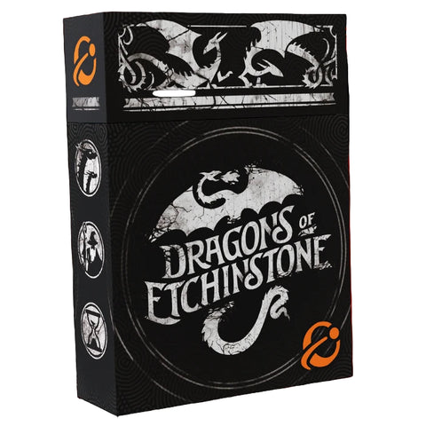 Deckbox product packaging for 'Dragons of Etchinstone' with dragon design on a black background.