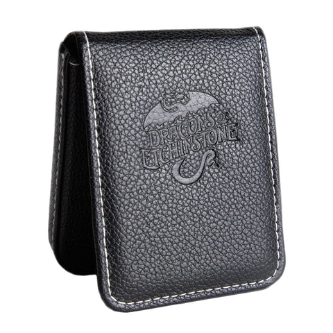 Black faux leather case with 'Dragon's Eight Stone' embossed logo on a white background