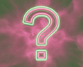 A giant question mark with a neon pink and neon green gradient background